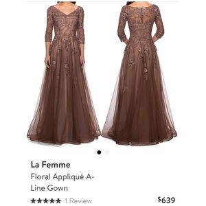 La Femme Floral Appliqué A-Line Gown color is Cocoa